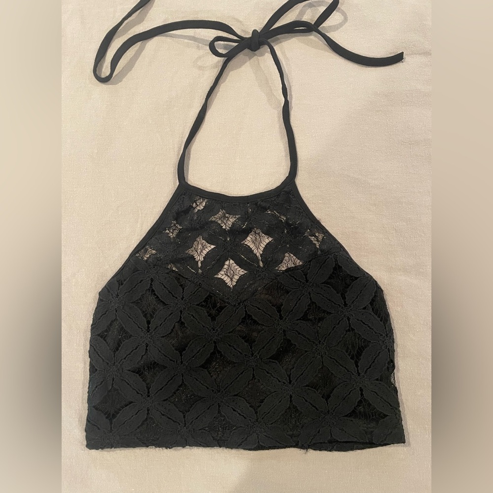 Reverse Black Lace Halter Crop Top
